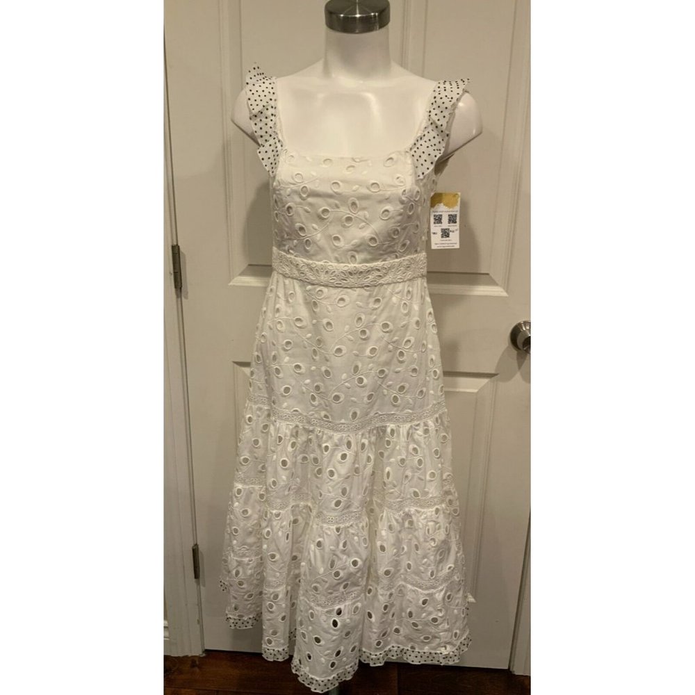 Amelia Toro White Eyelet Fit & Flare Dress W/ Polka Dot Trim, Size 2 (US)